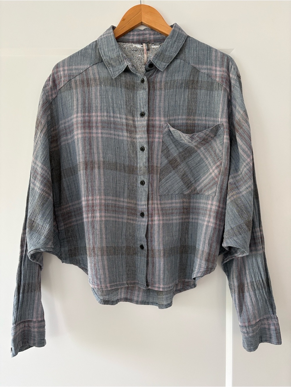 Free People Blue and Pink Plaid Cotton Button-Up Shirt
